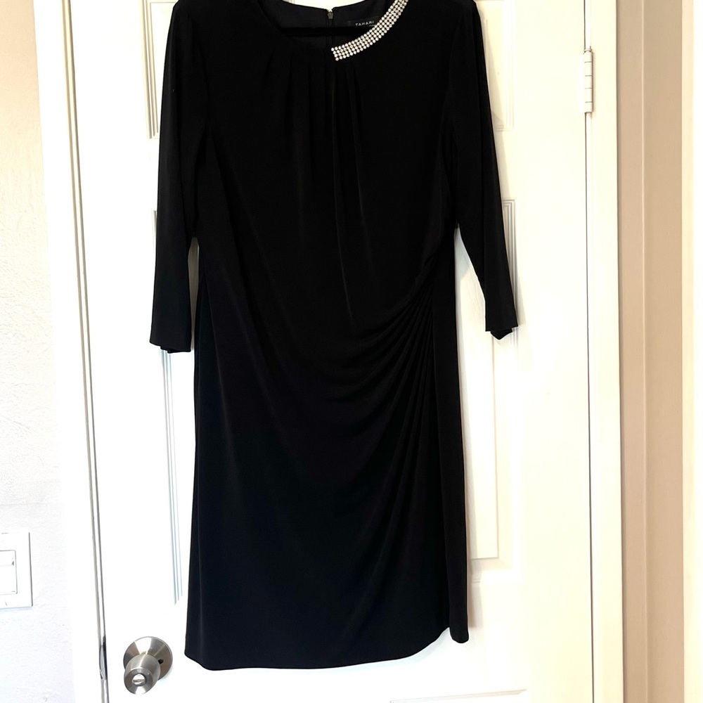 Tahari Black Long Sleeve Ruched Cocktail Dress